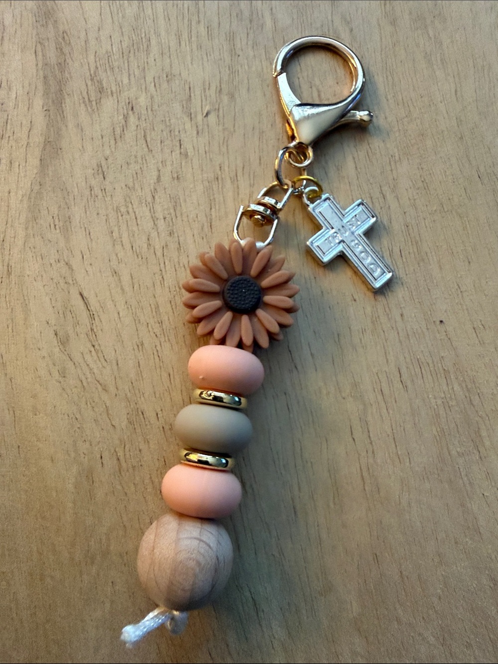 Neutral Pink & Tan Sunflower Keychain Card Holder Charm